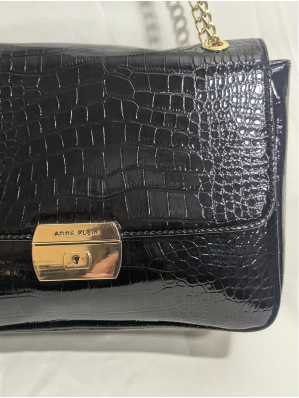 Anne Klein Black Croco Luxe II Shoulder Bag Gold